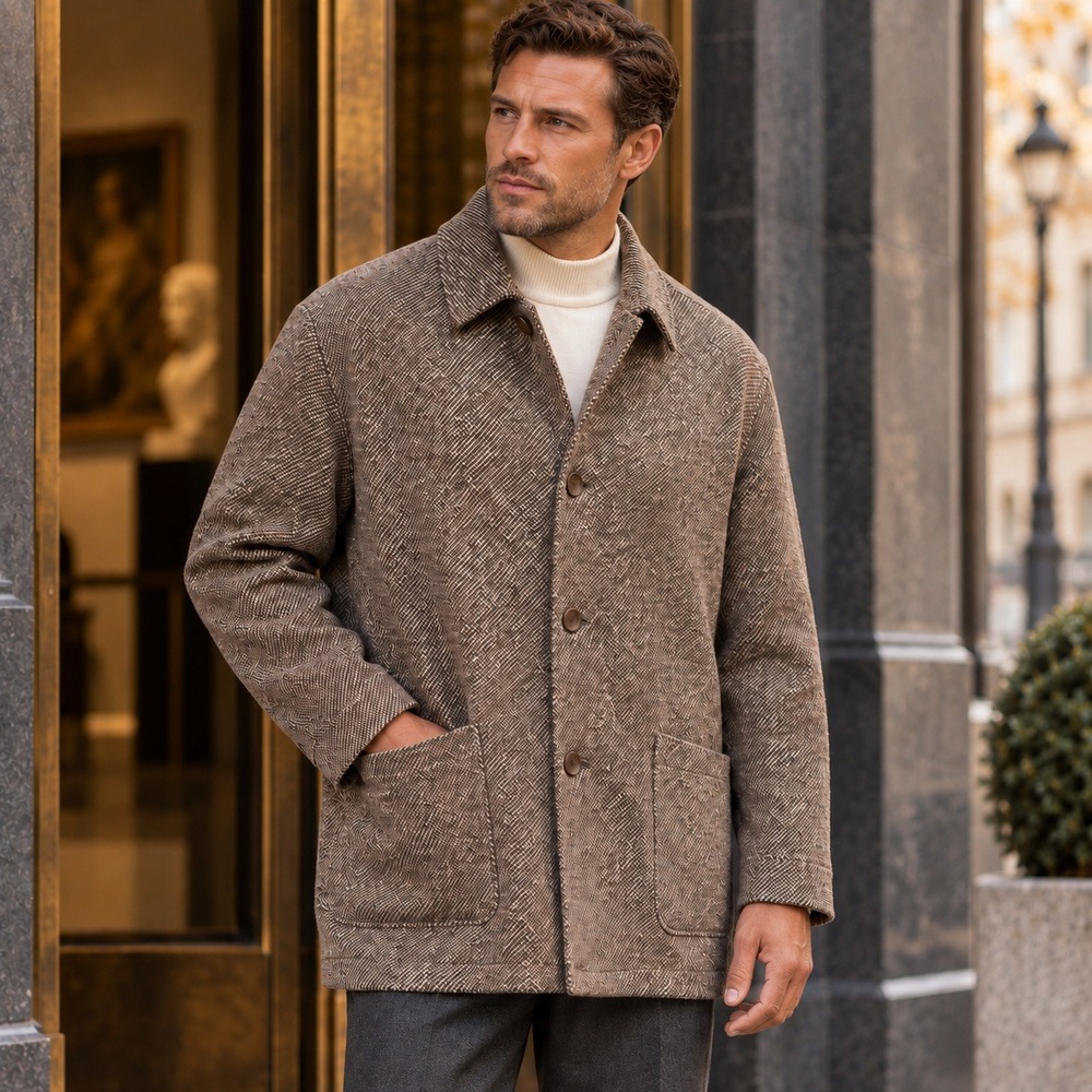 Ermenegildo Zegna Mens Jacket Brown Tweed Chore Coat Herringbone Size XL/54